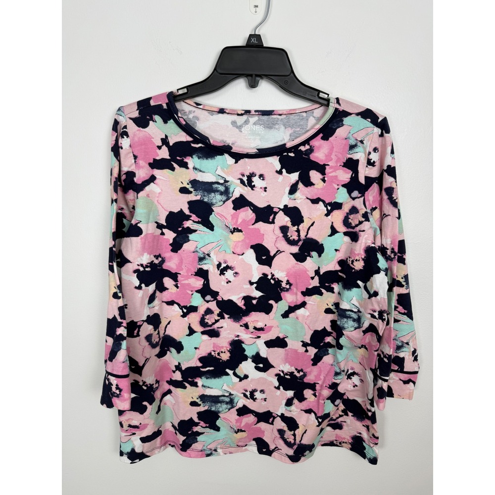 Jones New York Signature Floral Print 3/4 Sleeve Top Navy Pink Mint L